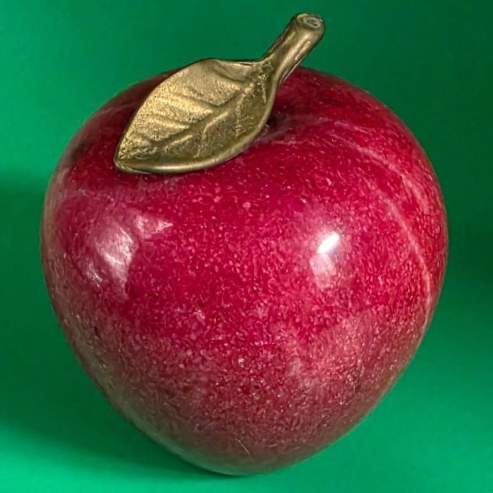 Vintage Alabaster Apple Paperweight with Brass Stem and Leaf Desk Decor Marble
